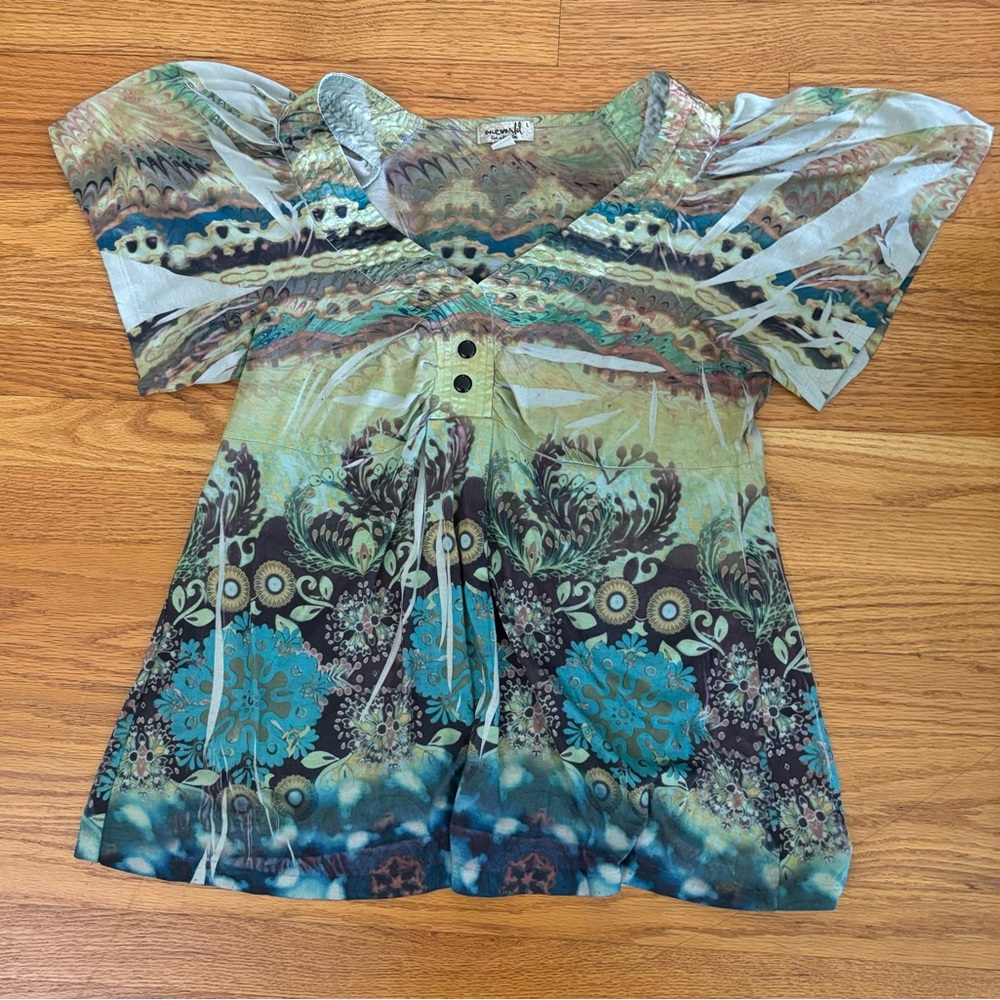 One World Blouse Womens Large Multicolor V-neck Faux Buttons Casual Shirt Y2K